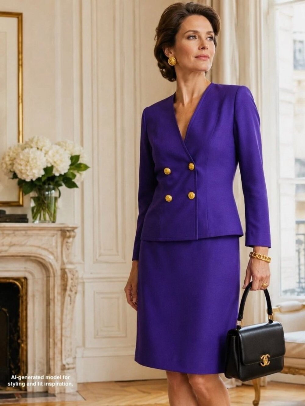 Vintage Celine Paris Purple Wool Skirt Suit Gold Buttons Made France Size M
